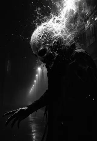 A dark horror figure with an electric, web-like glowing head effect, standing in a dimly lit street with blurred lights in the background, rendered in Stephen Gammell style with photo negative and ray tracing details.