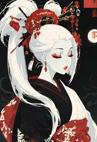 Portrait of a white-haired geisha wearing a traditional black and red kimono with intricate hair ornaments and red makeup, set against a black background.