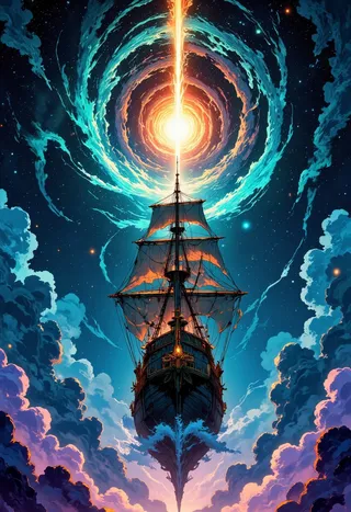 Majestic tall ship with full sails navigating a swirling, glowing space vortex surrounded by stormy clouds and cosmic colors.