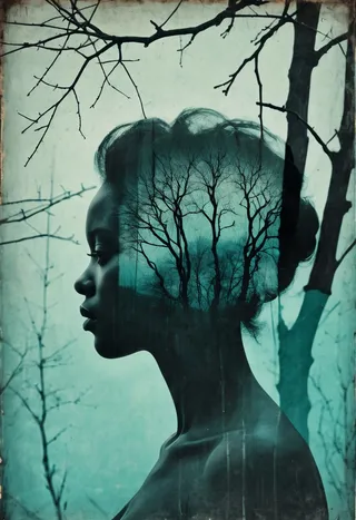 Double exposure profile portrait of a black female silhouette filled with bare winter tree branches against a muted teal sky, textured with vintage film grain.