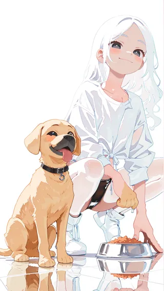 Anime-style girl with white hair wearing a side-tie shirt and leather panties squatting beside a happy labrador retriever sitting next to a pet bowl on a reflective floor.