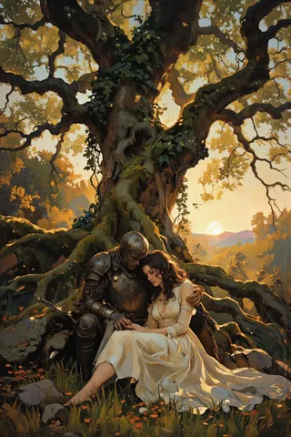 A dramatic oil painting in fantasy realism style showing a knight in black armor embracing a lady in a flowing white dress beneath a massive ancient banyan tree at sunset, with textured brushwork and a warm earthy palette.
