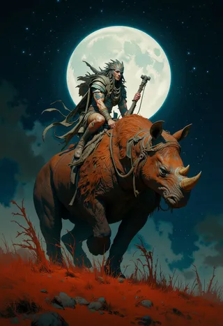 A muscular cave-man warrior in tribal armor rides a large rhino-like monster under a bright full moon with backlighting, depicted in a realistic digital painting style.