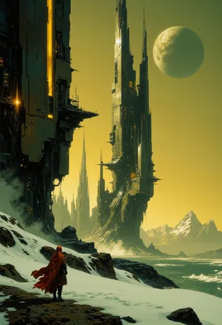 Digital painting of a dystopian snowy beach with towering futuristic skyscrapers, a red-hooded figure walking on the snow, under double moons and dramatic golden light.