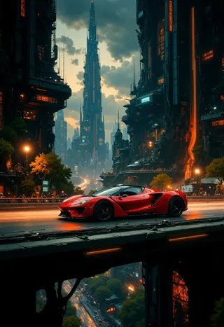 Highly detailed futuristic cityscape featuring a sleek red sports car on an elevated highway with neon lights and cyberpunk architecture.