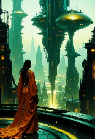 CGI-rendered futuristic cityscape with a woman standing on a platform wearing an orange robe, surrounded by towering metallic skyscrapers under dramatic lighting.