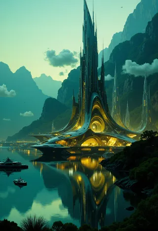 A highly detailed digital artwork showcasing a futuristic architectural structure with metallic spires and warm lighting, set in a mountain landscape with reflective water at dusk.