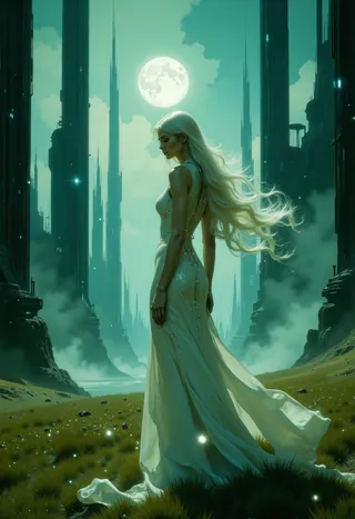 An ethereal woman with long flowing white hair wearing a sparkling white gown stands in a misty, moonlit field surrounded by glowing fireflies with tall dark structures in the background.