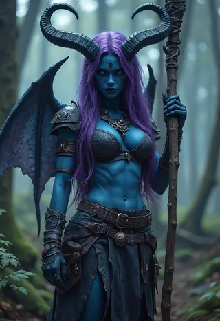 Cinematic photorealistic image of a blue-skinned monster girl sorceress with long purple hair, large curved horns, black wings, holding a wooden staff, standing in a misty forest.