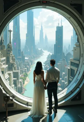 A man and woman holding hands and standing by a large circular window, admiring a detailed futuristic cityscape with skyscrapers and a river under a bright sky.
