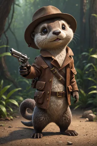 A baby otter in Pixar style wearing a brown leather aventurer jacket and hat holding a vintage revolver in a forest setting.