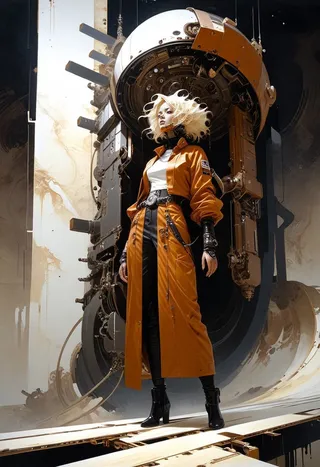 A sci-fi woman with wild blonde hair stands confidently inside a mechanical and surreal spaceship interior, wearing a long orange coat and black boots.