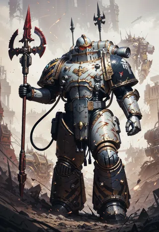 A futuristic warrior clad in highly detailed power armor with a helmet, holding a large red and black spear in a war-torn cityscape background.