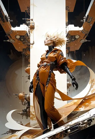 A woman in a futuristic orange outfit with black gloves posing dynamically in front of a mechanical and organic spacecraft background in outer space, with flowing fabric and contrasting light and dark elements.