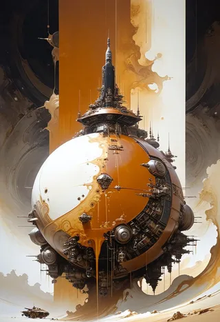 A futuristic spherical spaceship featuring a mechanical and organic design with a flowing caramel-colored surface contrasting white, set in a surreal outer space environment with cyberpunk influences.
