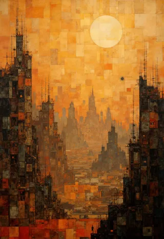 A digital painting of a sprawling geometric urban cityscape under golden light with abstract Bauhaus design elements and towering buildings.