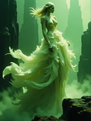 A woman in an intricately detailed rococo ballgown made of feathers stands in a green, mystical environment with towering rock formations and billowing mist.