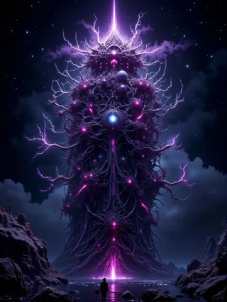 A towering abyssal punk structure made of star fruit with glowing purple lightning and bright glitter, set in a dark apocalyptic void under a starry sky