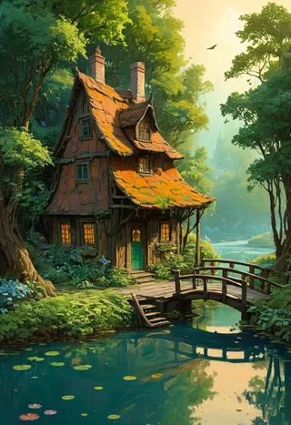 A tranquil woodland scene featuring a cozy witch's cottage with a moss-covered roof beside a clear pond, connected by a wooden bridge amidst lush greenery.