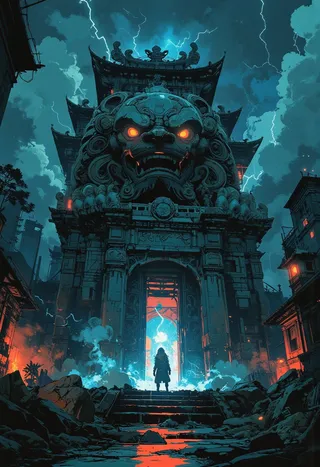 A massive stone guardian lion statue with glowing orange eyes stands animated in front of an ancient palace gate during a thunderstorm, surrounded by lightning, with a lone figure glowing blue standing at the gate entrance.