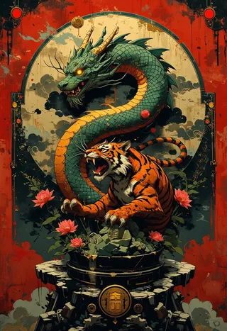 A highly detailed 3D emblem featuring an intertwined powerful Chinese dragon with jade-green scales and a roaring tiger with bold orange-and-black stripes, surrounded by lotus flowers and Asian ornamental patterns.