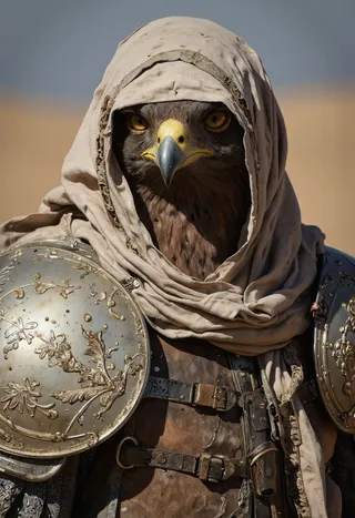 Close-up of a bird warrior with an eagle's face partially covered by a beige headscarf, wearing ornate metallic shoulder armor, set against a blurred desert background.