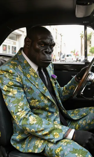 A photorealistic image of a male anthropomorphic gorilla wearing a teal floral suit, black gloves, and a tie, sitting in the driver's seat of a vintage car with a cityscape in the background.