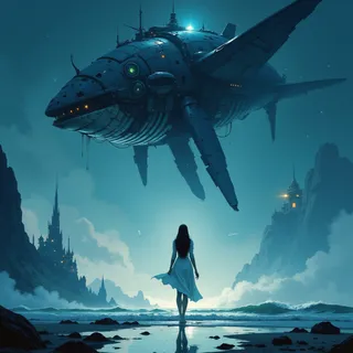 A digital artwork showing a gigantic futuristic whale hovering above the sea with a solitary figure in a white dress standing on the shore, surrounded by dark fantasy castles on cliff sides under a high contrast, cinematic blue-lit sky.