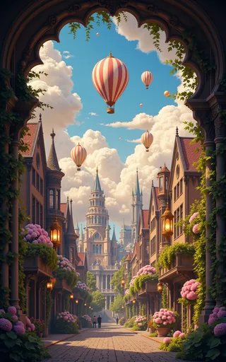 A whimsical steampunk cityscape framed by a grand floral archway, featuring intricate Victorian architecture along a narrow avenue lined with blooming hydrangeas and ivy, with red and white striped hot air balloons drifting in a bright blue sky with fluffy clouds.