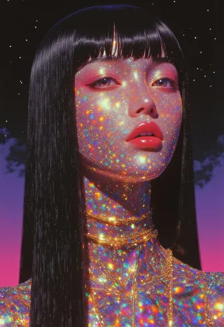 Portrait of a pale-skinned woman with smooth obsidian-black hair and sharp bangs, her skin glittering with cosmic light reflections. She wears neon pink-purple eye makeup and glossy red lips, adorned with gold chains around her neck, set against a starry retro-futuristic purple and teal sky.
