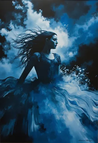 A striking image of a woman standing against a stormy blue background with tempestuous winds blowing her hair and dress.