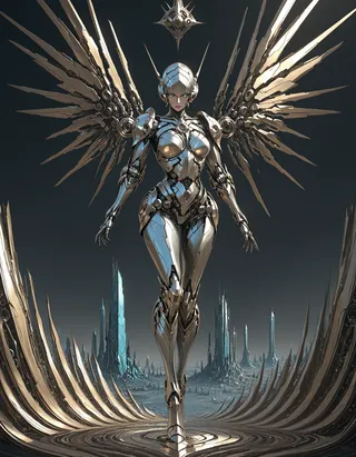 A futuristic mecha girl with ornate robotic knight armor and large mechanical wings, standing in a surreal sci-fi landscape with towering metal structures.