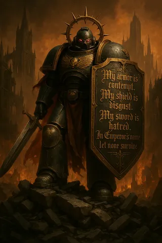 A Warhammer 40,000 Space Marine clad in ornate gold-trimmed power armor stands atop rubble in a war-torn gothic city, holding a shield and sword with a golden halo behind his helmet.