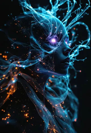 A glowing, translucent female spectre with illuminated cybernetic threads and flowing diffuse fabric, surrounded by vibrant light particles against a dark background.