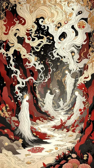 Contemporary illustration featuring flowing gold and white ethereal figures with ornate patterns in a fantastical realm of deep reds and earth tones.