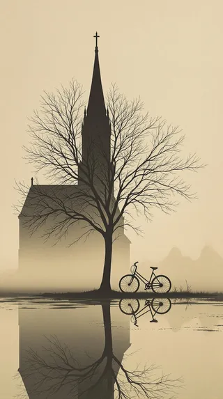 Silhouetted English Gothic church behind a bare tree with a bicycle nearby, all reflected in a puddle, captured in soft sepia tones with a textured beige background.
