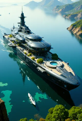 A futuristic, sleek high-tech luxury yacht with curved windows and a circular pool, cruising through calm coastal waters surrounded by mountainous landscape and smaller boats.