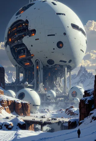 Highly detailed CGI of a futuristic spherical space station with white modular structures and dramatic lighting, set in a snowy mountainous landscape.