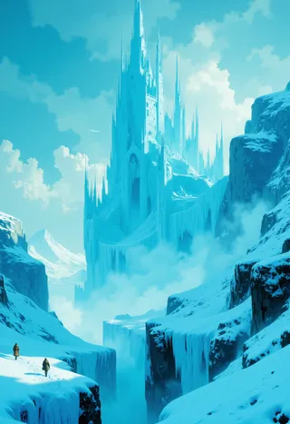 Majestic frozen castle with towering spires covered in ice, set in a vast icy landscape with snow-covered terrain and jagged ice formations under a cold blue sky.