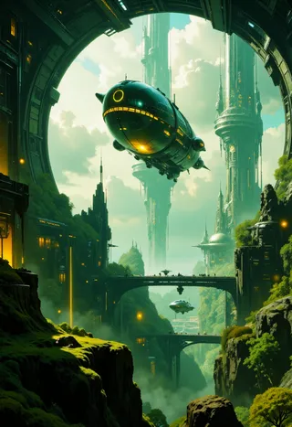 A sprawling aetherpunk city with towering spires combining metal and organic elements, featuring a detailed, glowing airship floating above lush cliffs and bridges.