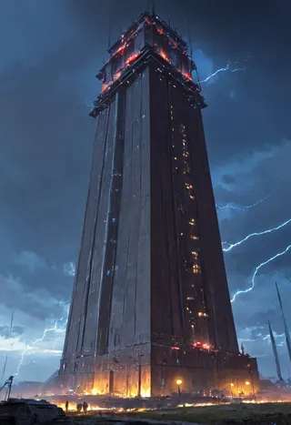 Massive dark tower illuminated by fiery lights at base and glowing red lights near top, with blue lightning striking in a stormy night sky