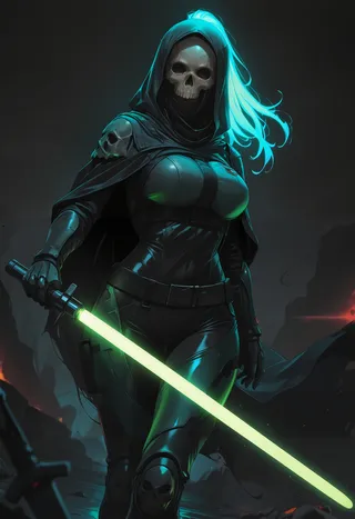 A female warrior wears a skull mask and black tactical armor, holding a glowing green lightsaber against a dark and smoky background with glowing blue hair.