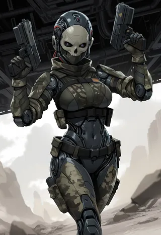 Cybernetic female android wearing a black and white skull mask with camouflage armor, holding two futuristic guns in a dynamic pose under a structure in a rocky environment.