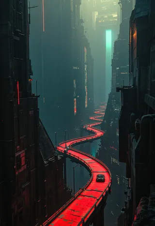 Narrow, winding red bridge glowing brightly in a foggy futuristic cityscape with towering dark buildings and neon accents
