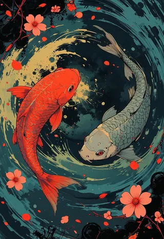 Two koi fish, one red and one gray, swimming in a yin-yang formation through a swirling whirlpool surrounded by cherry blossom petals and ink-style wave patterns.