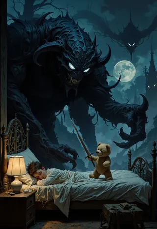 A small teddy bear stands on a bed holding a wooden sword, protecting a sleeping boy from large dark shadow creatures with glowing eyes in a dimly lit nighttime room illuminated by a bedside lamp and moonlight.