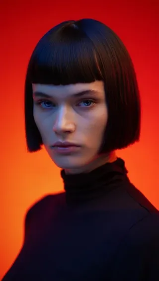 Portrait of a woman with short bob haircut and blue eyes, wearing a black turtleneck against an orange gradient background with moody lighting.