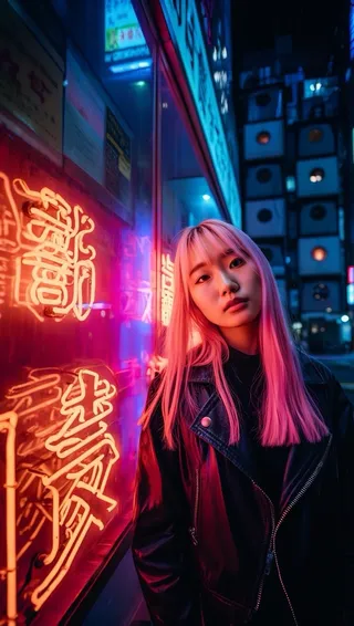 Young woman with pink hair wearing a black leather jacket standing by a neon-lit city street at night with vibrant red and blue lights.