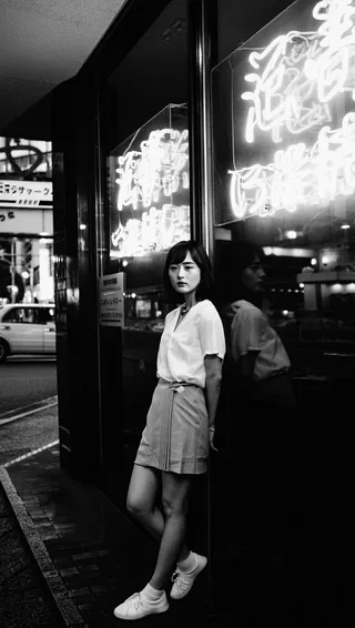 Black and white photo of a young woman standing against a reflective window with neon signs in a Japanese urban night setting.