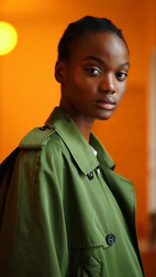 Portrait of a woman with dark skin wearing a green coat standing against an orange background